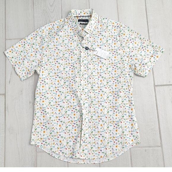 Quieti Performance Stretch Men's Med Tropical Island Vacation Surf Button Shirt - Picture 2 of 9